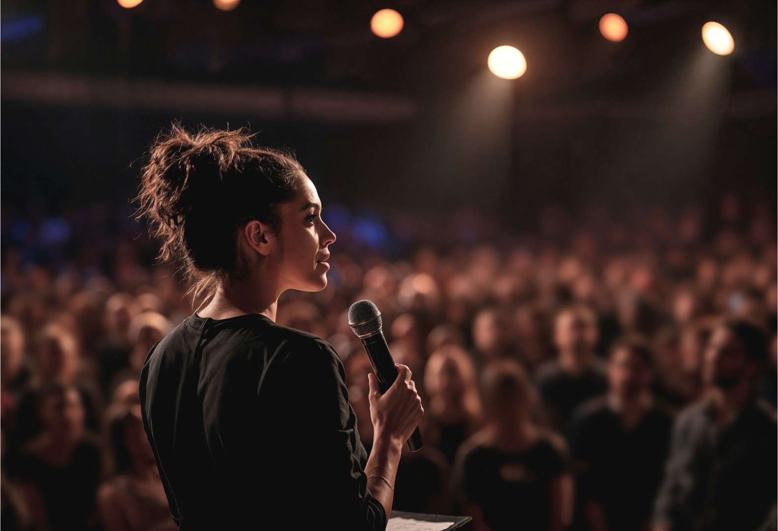 A woman addressing a full audience